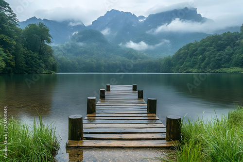 Wallpaper Mural Misty mountain lake pier serenity Torontodigital.ca