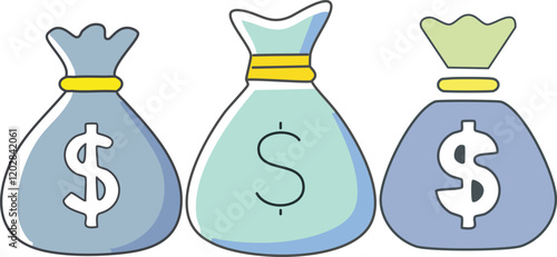 Dollar money bag continuous line drawing by watercolour. Hand holding coin continuous one line drawing art. Dollar linear symbol. Savings money concept. Money bag with coins stack.
