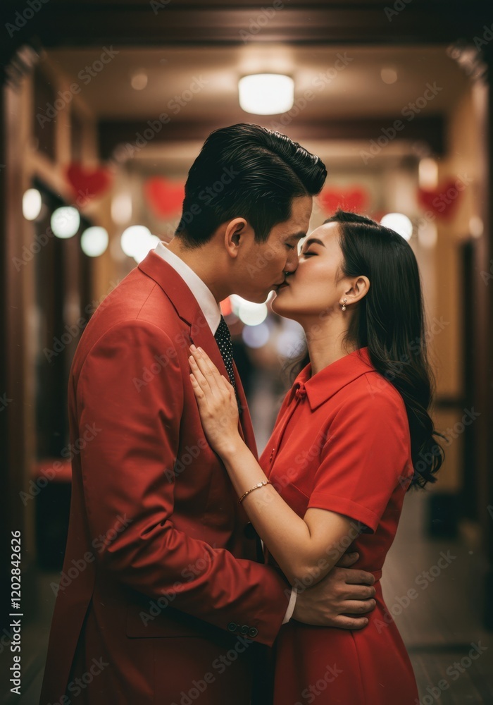 Fototapeta premium Couple in red outfits sharing a romantic kiss in a heart-adorned hallway