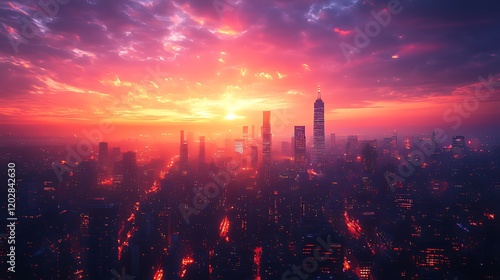 Wallpaper Mural Cityscape sunrise, vibrant sky, hazy horizon, aerial view, promotional use Torontodigital.ca