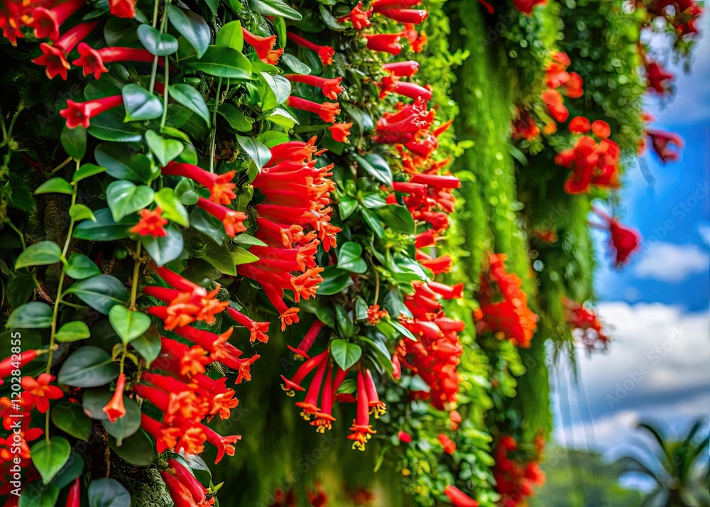 Vibrant red Aeschynanthus radicans blossoms cascade in a lush, panoramic display of tropical foliage. Vibrant red Aeschynanthus radicans blossoms cascade in a lush, panoramic display of tropical foliage.