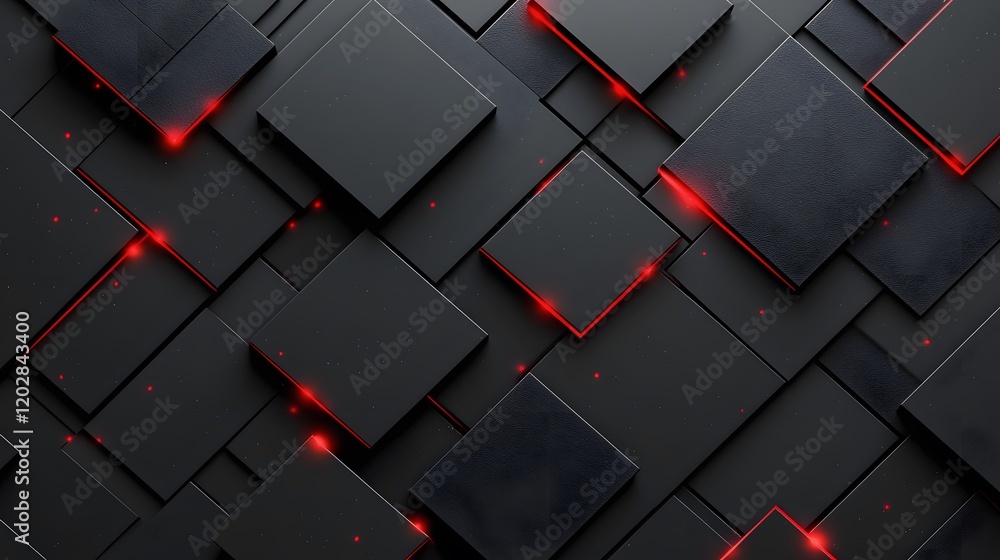Abstract Dark Geometric Background with Red Glowing Lines and Black Squares Abstract Dark Geometric Background with Red Glowing Lines and Black Squares