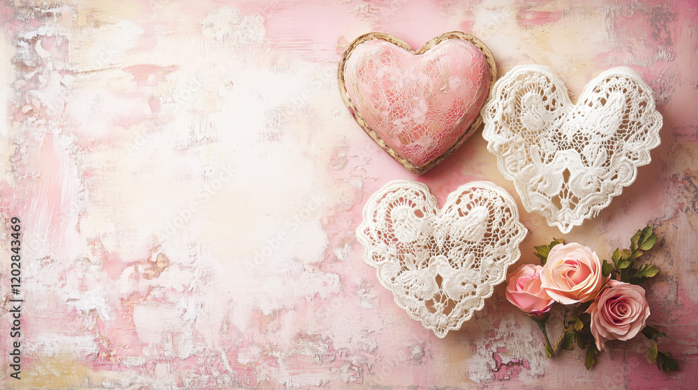 Fototapeta premium A vintage Valentine Day card decorated with lace, copy space for handwritten love message, and a soft pink background for a nostalgic feel.