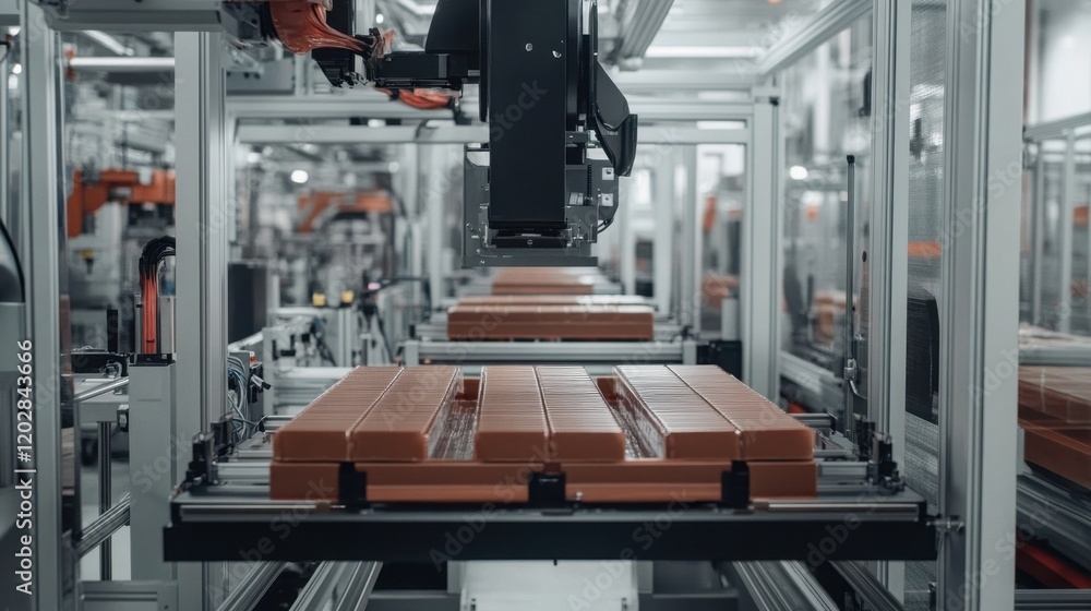 Packaging machines wrapping chocolate bars in a streamlined production setup. Packaging machines wrapping chocolate bars in a streamlined production setup.