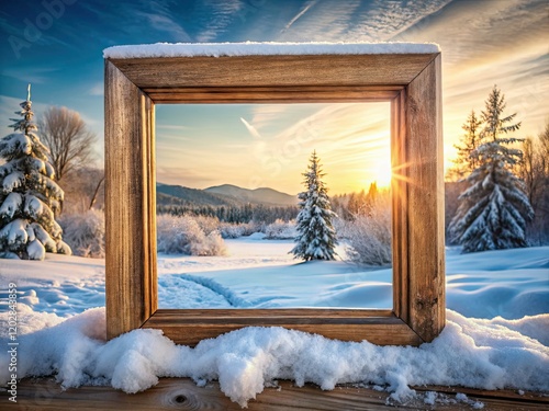 Winter wonderland photo frame:  Showcase your snowy memories!  Empty frame, frozen landscape background.