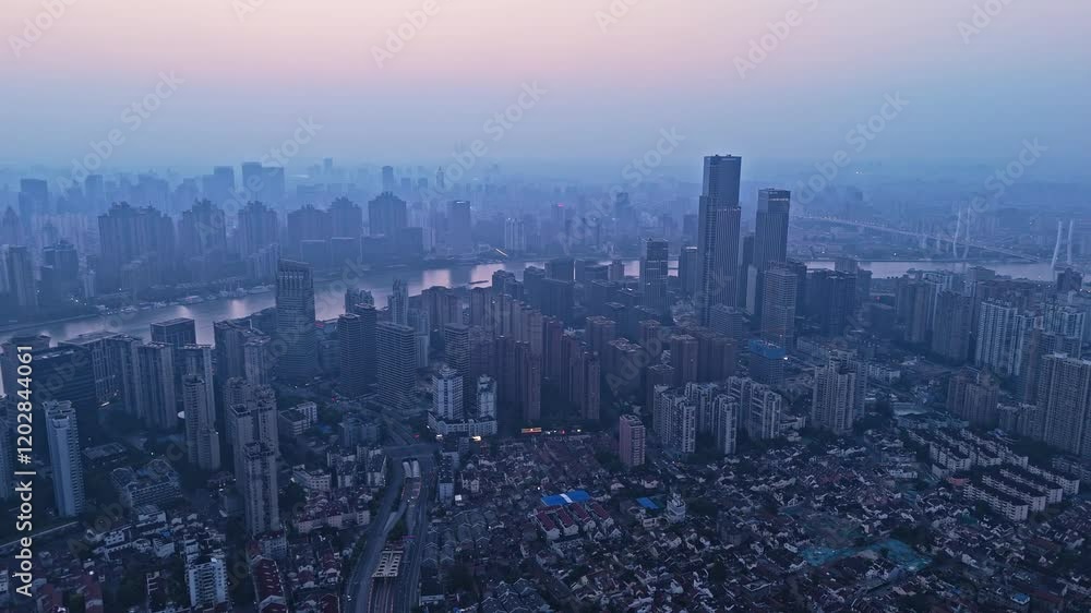 4K Real Time Aerial View of Shanghai skyline and Huangpu River at sunrise 4K Real Time Aerial View of Shanghai skyline and Huangpu River at sunrise