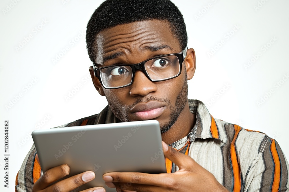 A young man with glasses looks surprised while holding a tablet. A young man with glasses looks surprised while holding a tablet.
