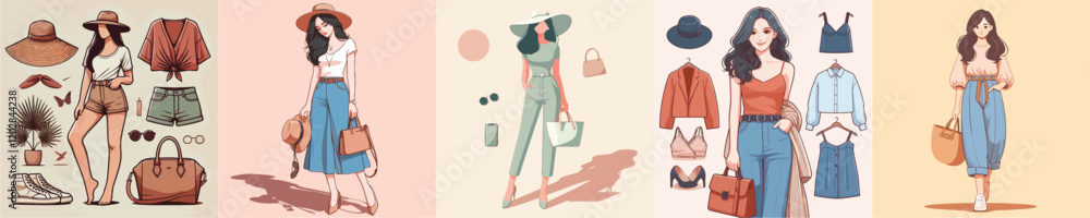 vector collection of beautiful female models wearing hats and bags vector collection of beautiful female models wearing hats and bags