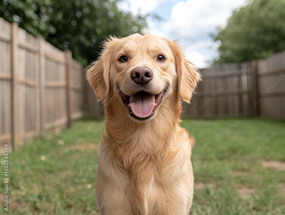 Happy golden retriever puppy in backyard Happy golden retriever puppy in backyard