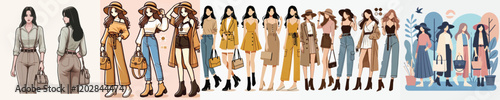 vector collection of beautiful female models wearing hats and bags