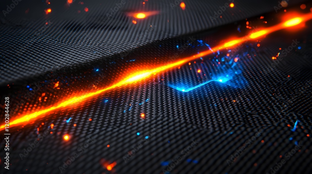 Obraz premium Abstract Carbon Fiber Texture with Glowing Orange and Blue Energy Lines