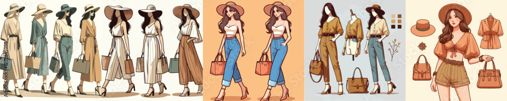 collection of vector characters of beautiful female models wearing hats and bags collection of vector characters of beautiful female models wearing hats and bags