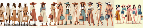 collection of vector characters of beautiful female models wearing hats and bags