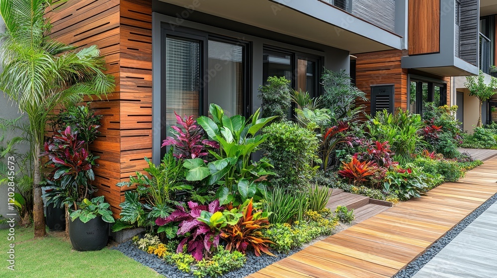 Obraz premium A modern building entrance featuring lush tropical plants and a wooden pathway.