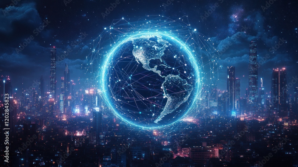 Futuristic cityscape with a glowing digital globe and network connections at night Futuristic cityscape with a glowing digital globe and network connections at night