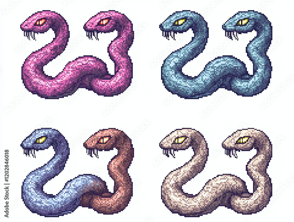 Obraz premium Four Pixel Art Snakes with Two Heads