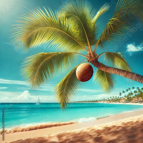 Coconut palm leaf against blue sky and beautiful beach in Punta Cana, Dominican Republic. Vacation holidays background wallpaper. Landscape of tropical summer beach