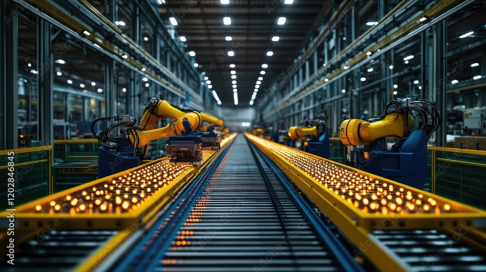 Fototapeta premium A modern factory setting with robotic arms assembling products on a conveyor belt.