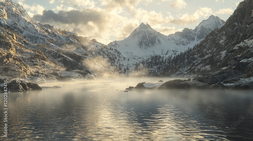 Misty mountain lake at sunrise. Misty mountain lake at sunrise.