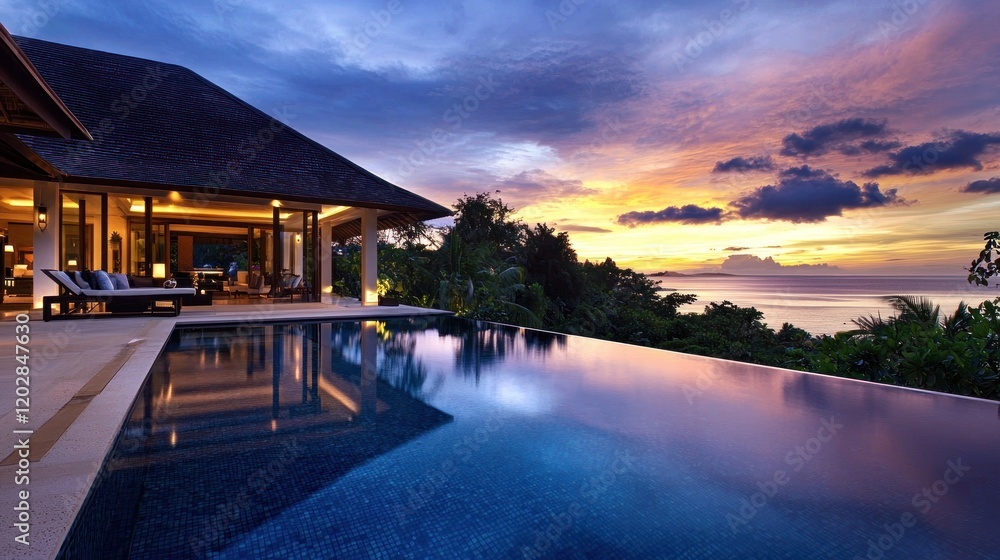 Obraz premium Sunset view from luxury villa with infinity pool. (1)