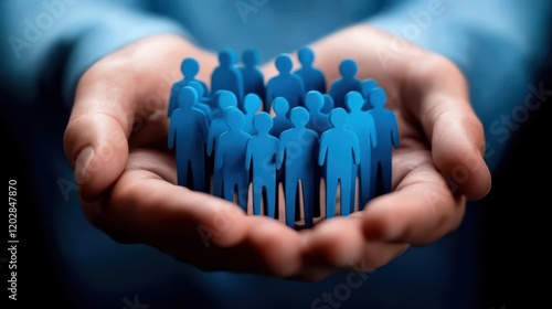 Hands cupping blue human figures team lead concept business environment focused viewpoint for effective leadership