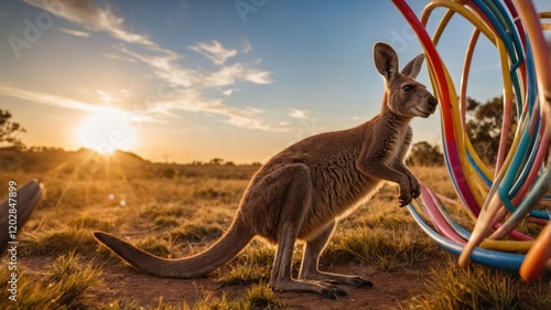 A kangaroo stands near colorful hoops at sunset in a natural setting. photo