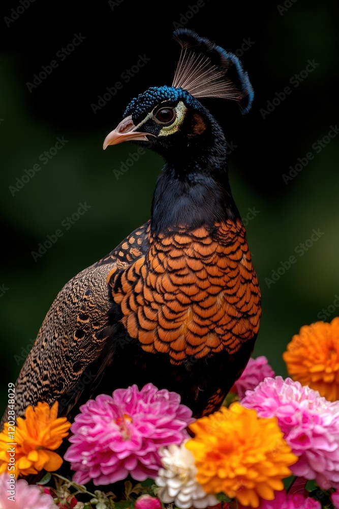 Fototapeta premium Closeup of a male Himalayan monal pheasant surrounded by colorful flowers