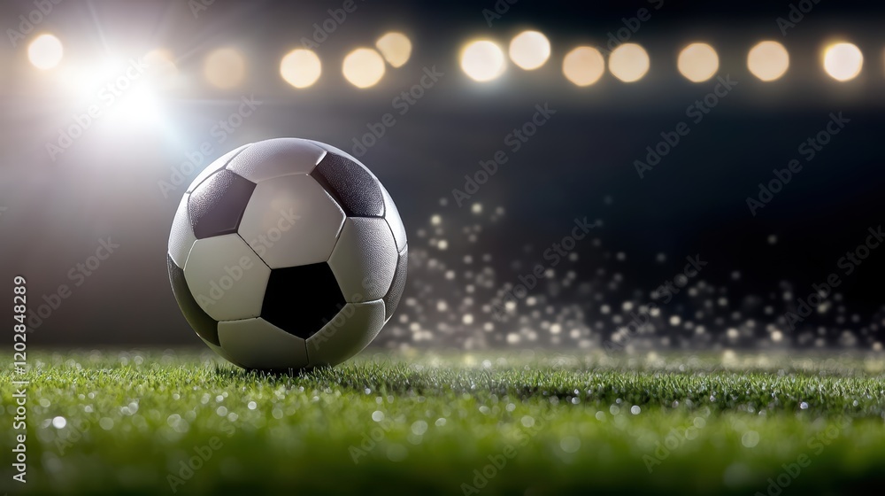 Naklejka premium Dramatic soccer ball in action at sunset grass field stadium lighting concept captivating sports photography