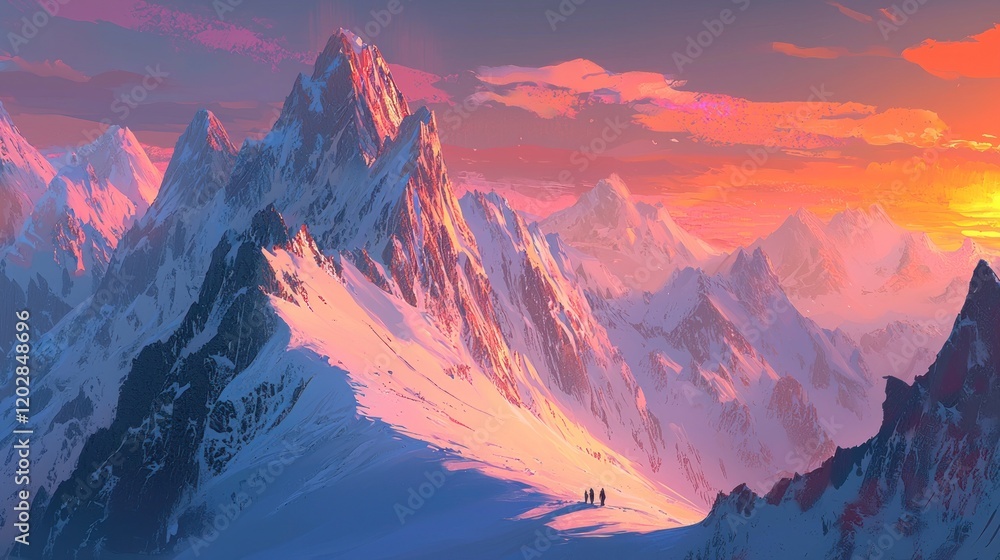 Hikers admire a vibrant sunset over snow-capped mountains. Hikers admire a vibrant sunset over snow-capped mountains.