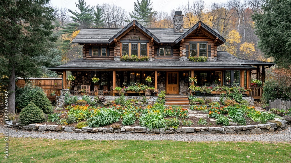 Naklejka premium Charming Log Cabin Surrounded by Vibrant Autumn Foliage