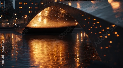 Modern bridge at night reflecting lights on water.