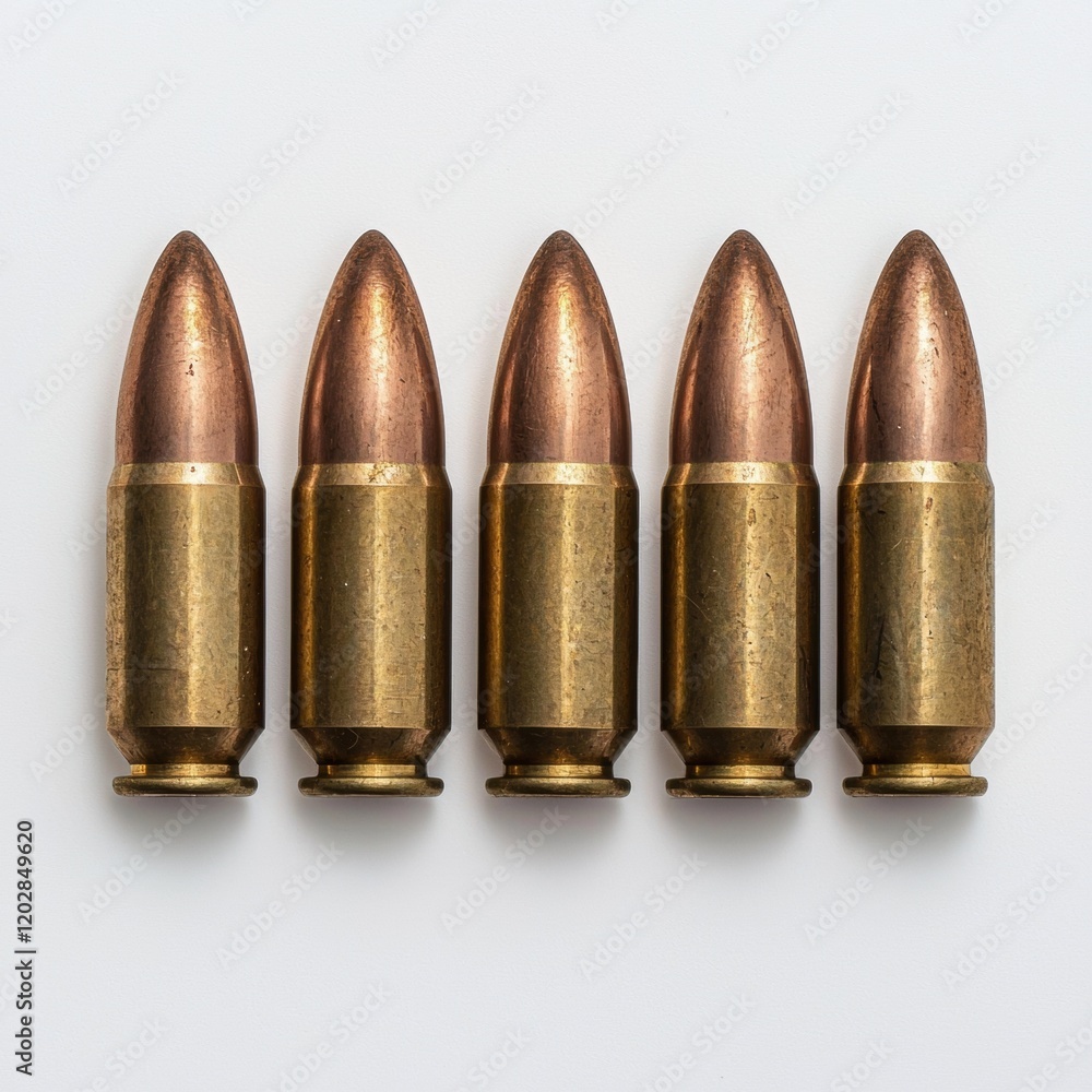 Five bullets lined up in a row on a white background Five bullets lined up in a row on a white background