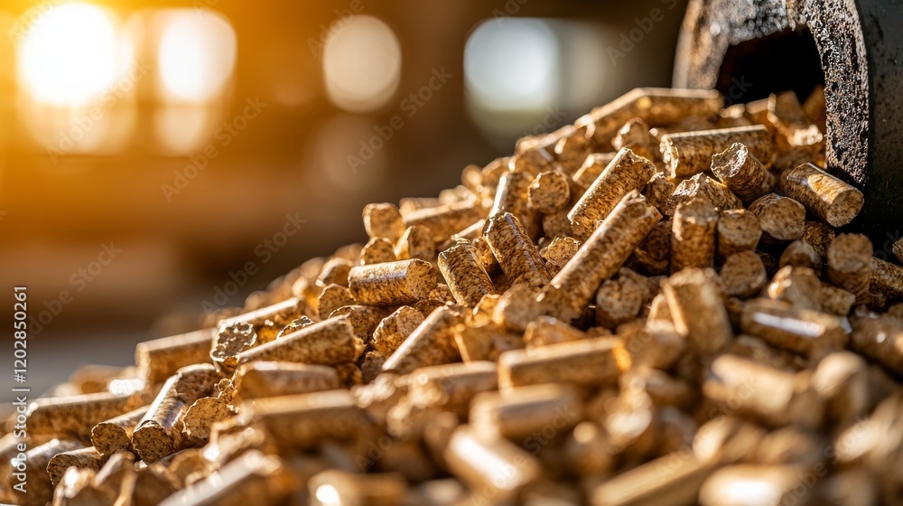 A close-up of wood pellets spilling from a container, illuminated by warm sunlight, showcasing their cylindrical shape and texture. A close-up of wood pellets spilling from a container, illuminated by warm sunlight, showcasing their cylindrical shape and texture.