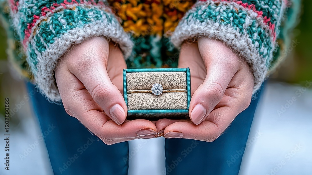 Fototapeta premium Elegant Engagement Ring Box Held by Person in Cozy Sweater
