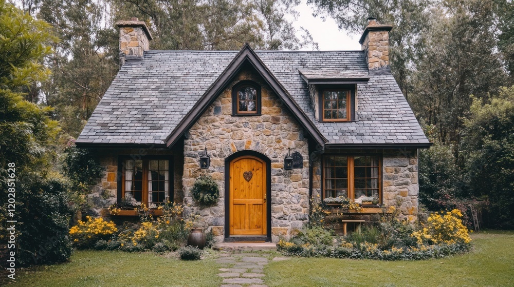 Fototapeta premium Charming Stone Cottage nestled in a lush forest setting