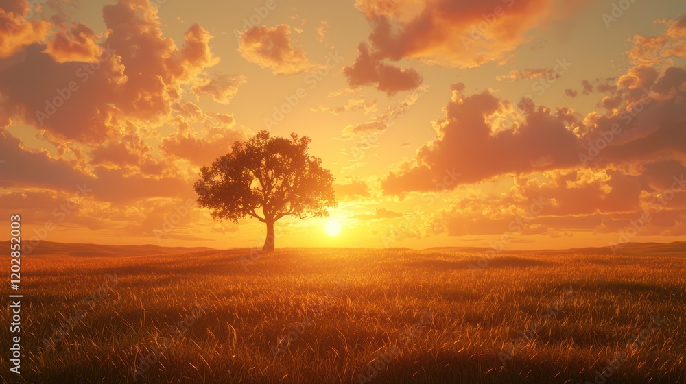 Obraz premium Solitary tree in golden sunset field.