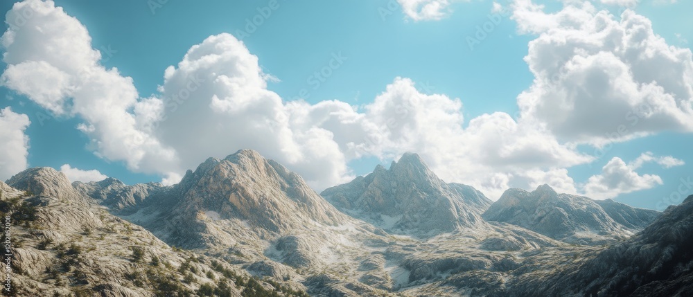 Fototapeta premium Majestic mountain peaks reach towards the vibrant blue sky, surrounded by fluffy white clouds, embodying grandeur and serenity.