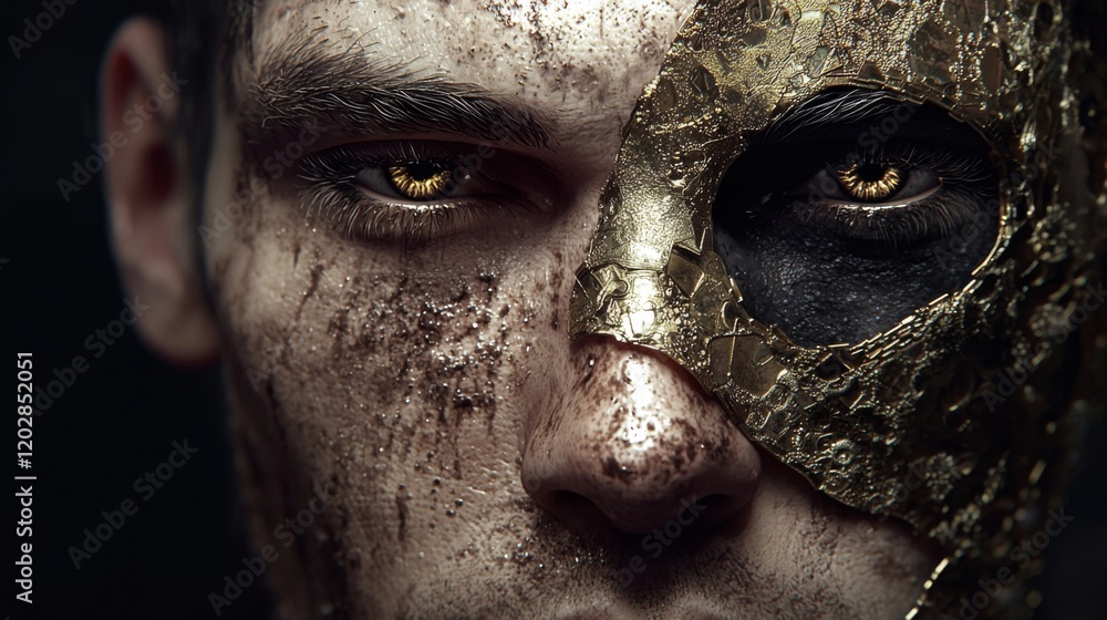 Obraz premium Intense Close-up of a Male Face with Gold and Black Half Mask, Unveiling Emotion and Intrigue in Dark Atmosphere