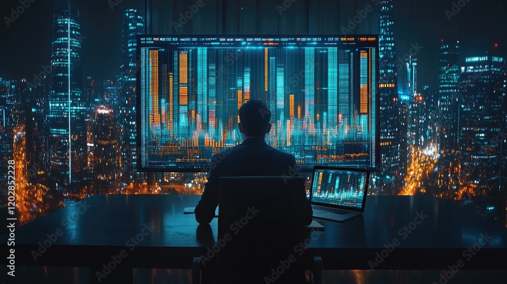 A person analyzing data on large screens at night, overlooking a cityscape. A person analyzing data on large screens at night, overlooking a cityscape.