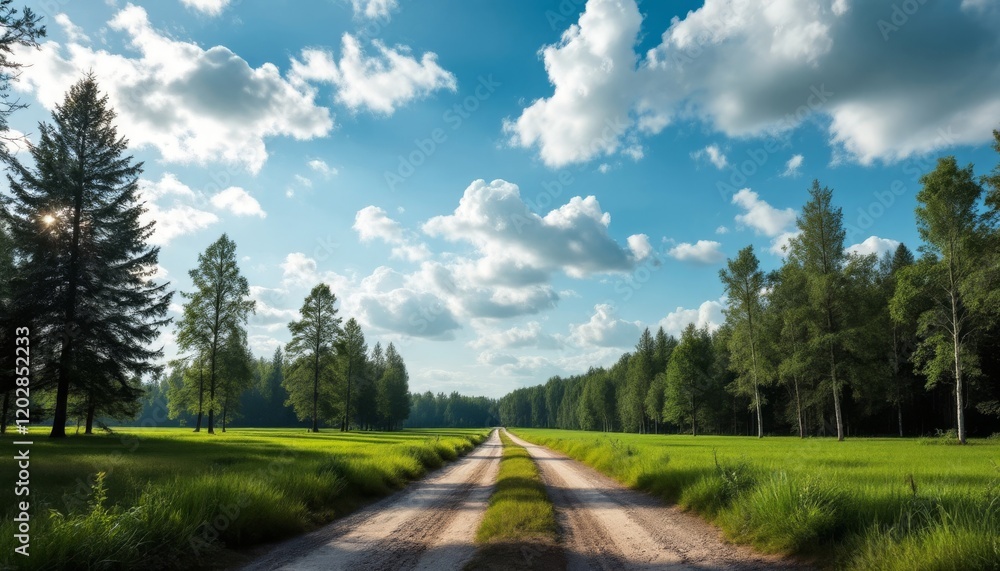 Fototapeta premium Country Road Through Lush Green Field Under Blue Sky