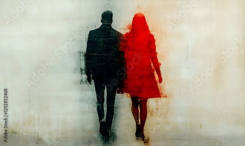 Couple walking away, urban grunge wall, art