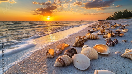 Seashells scattered on a sandy beach at sunset, ocean waves gently lapping the shore.