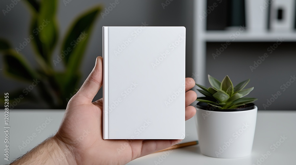 A hand holding a blank white notebook on a desk with a plant A hand holding a blank white notebook on a desk with a plant