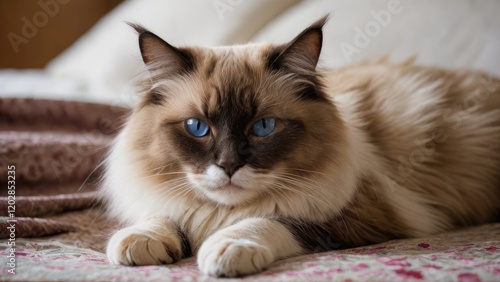 Chocolate point ragdoll cat lying on bed in the bedroom