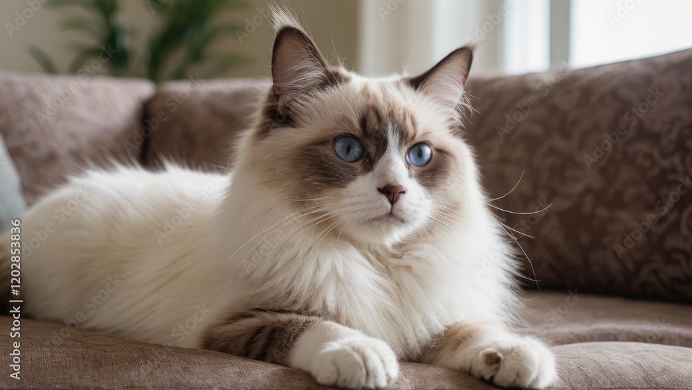 Chocolate point ragdoll cat lying on sofa at home Chocolate point ragdoll cat lying on sofa at home