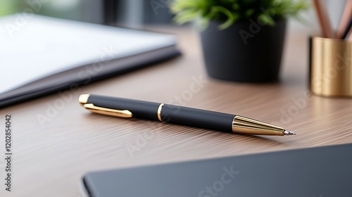Elegant Black Pen with Gold Accents on Wooden Desk