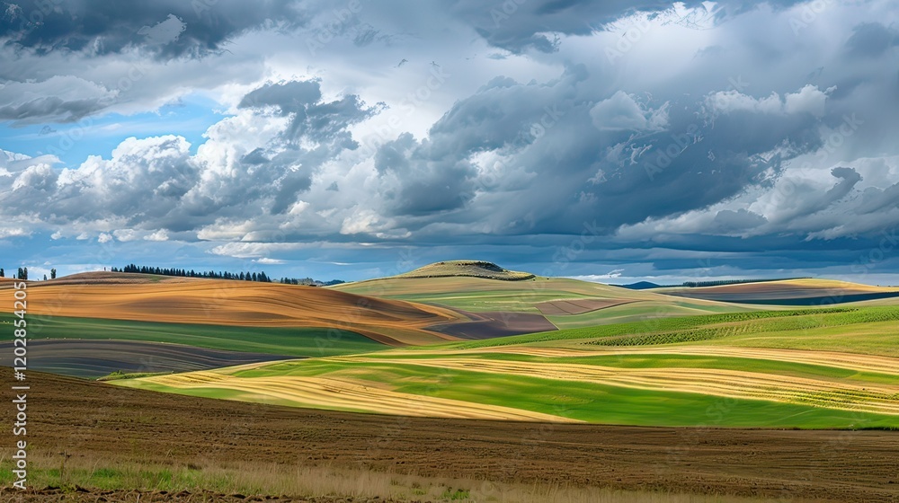 A vibrant agricultural field with crops growing under a cloudy sky. A vibrant agricultural field with crops growing under a cloudy sky.