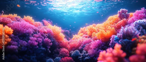 Vibrant underwater coral reef teeming with colorful marine life in sunlight photo