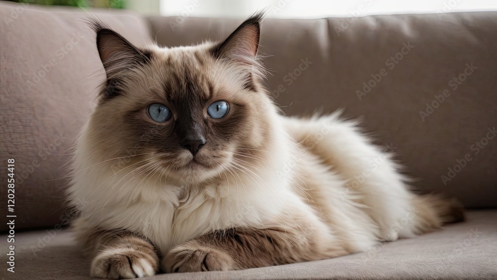 Chocolate point ragdoll cat lying on sofa at home Chocolate point ragdoll cat lying on sofa at home