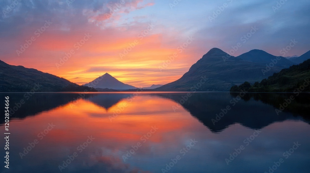 Vibrant sunset reflecting on calm lake with majestic mountains. Vibrant sunset reflecting on calm lake with majestic mountains.
